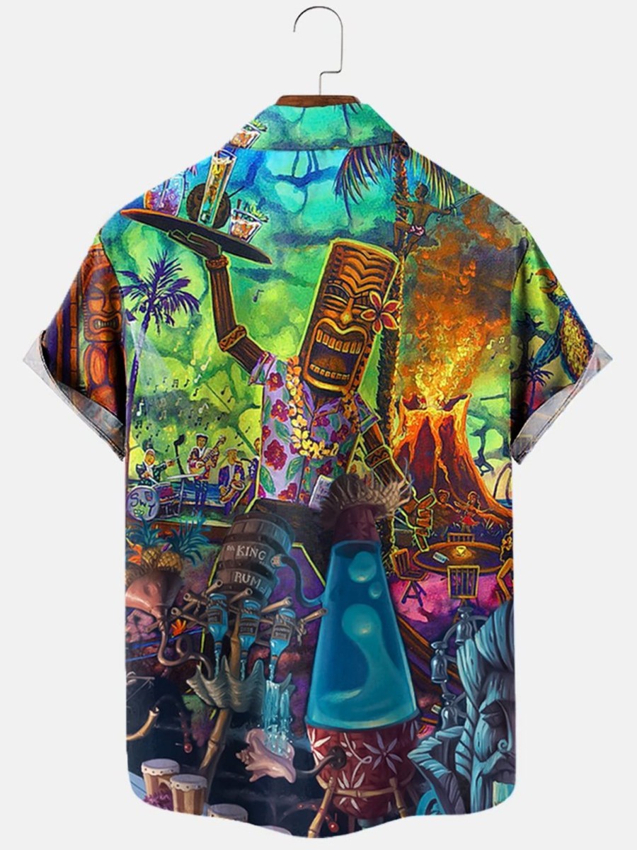 Men HLJ Shirts | Holiday Hawaiian Gradient Coconut Tree Tiki Short Sleeve Shirt Polychromatic