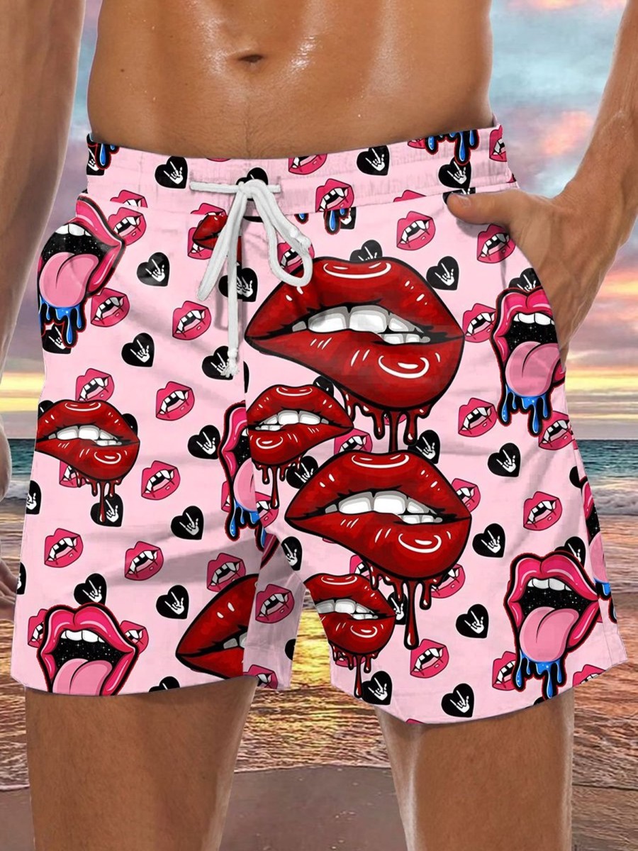 Men LJC Shorts | Sexy Lips Print Casual Track Shorts Pink