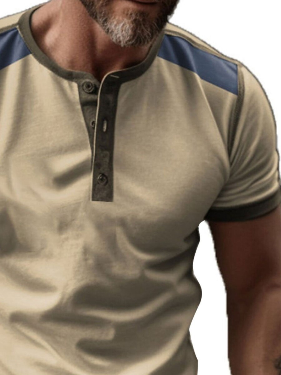 Men BXL Casual Short Sleeve Shirts | Men'S Half Open Collar Shoulder Panel Short Sleeve T-Shirt Khaki