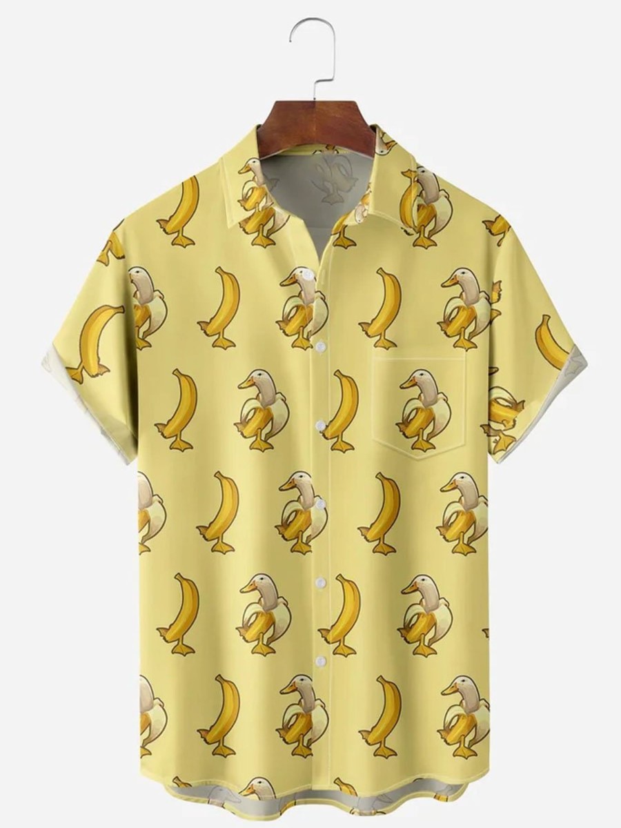 Men DJ Shirts | Banana Duck Chest Pocket Short Sleeve Casual Shirt Yellow