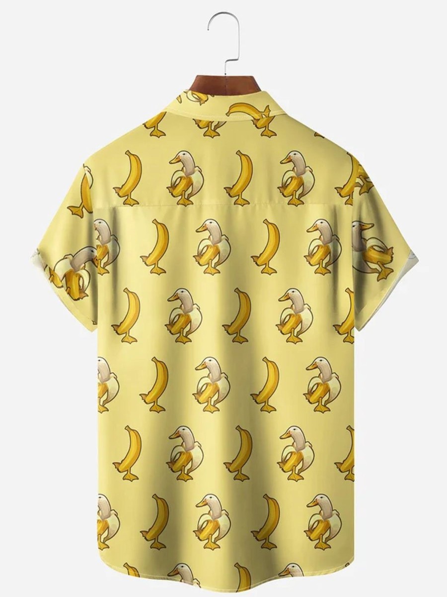 Men DJ Shirts | Banana Duck Chest Pocket Short Sleeve Casual Shirt Yellow