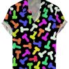 Men DJ Shirts | Rainbow Toys Cocks Print Casual Short Sleeve Shirt Black