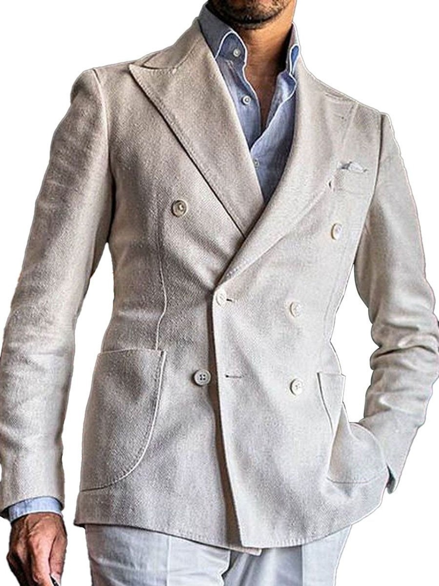 Men BXL Jacket | Men'S Linen Double Breasted Pocket Casual Blazer Beige