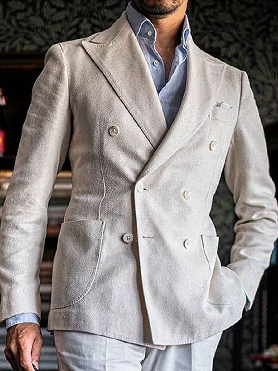 Men BXL Jacket | Men'S Linen Double Breasted Pocket Casual Blazer Beige