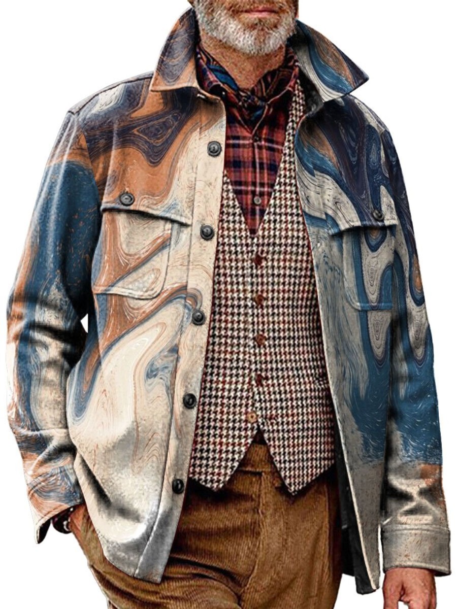 Men BXL Jacket | Men'S Casual Colorful Marble Print Pocket Single Breasted Jacket 13502063Xl Khaki