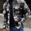 Men DJ Print Jacket | Vintage Tie-Dye Printed Pocket Lapel Corduroy Casual Jacket Black