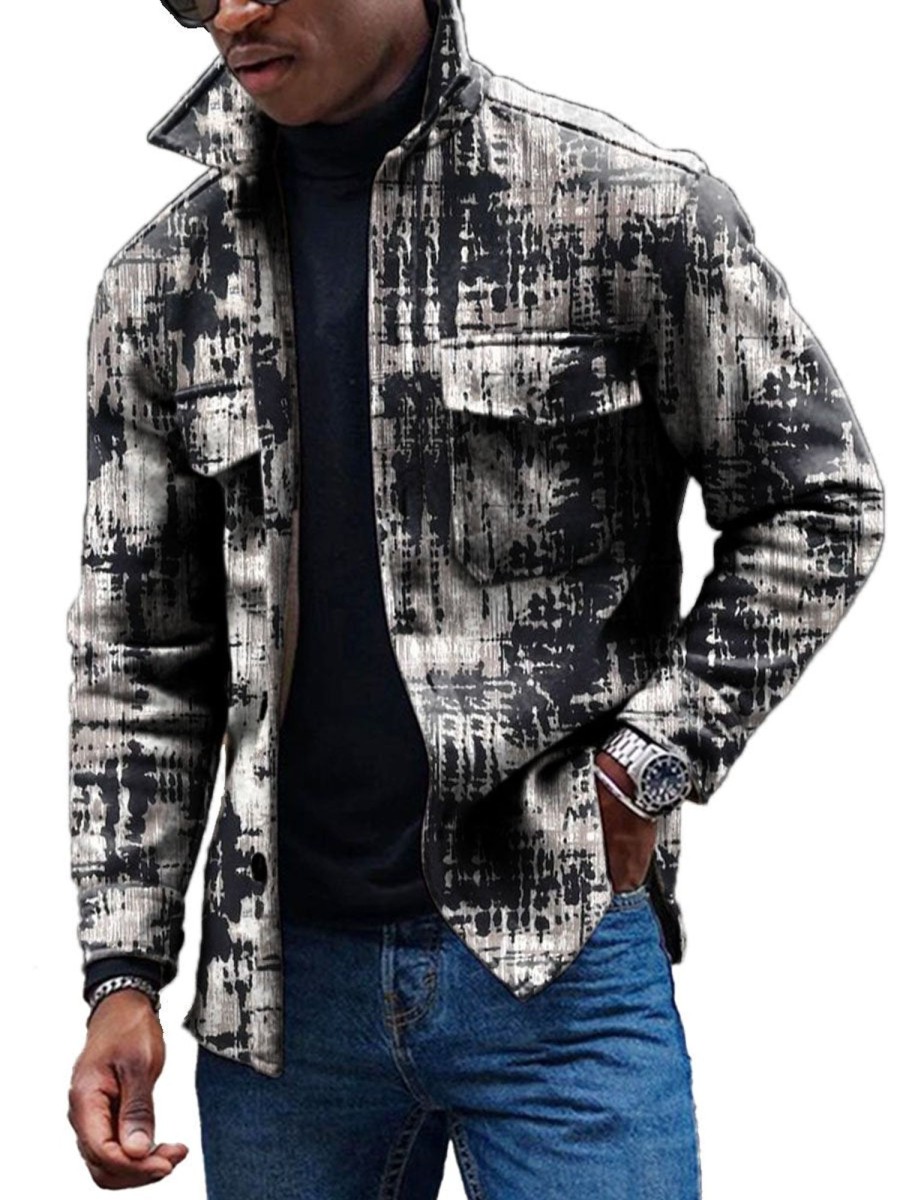 Men DJ Print Jacket | Vintage Tie-Dye Printed Pocket Lapel Corduroy Casual Jacket Black