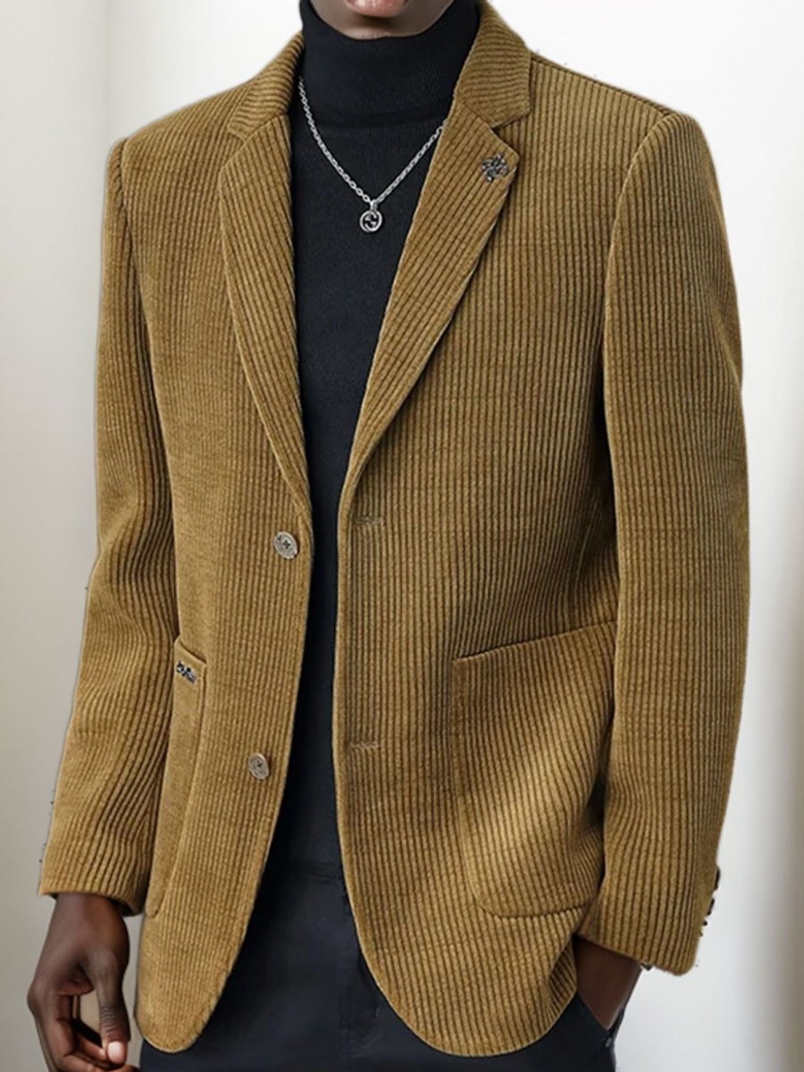 Men BXL Jacket | Men'S Vintage Solid Color Corduroy Casual Blazer Yellow