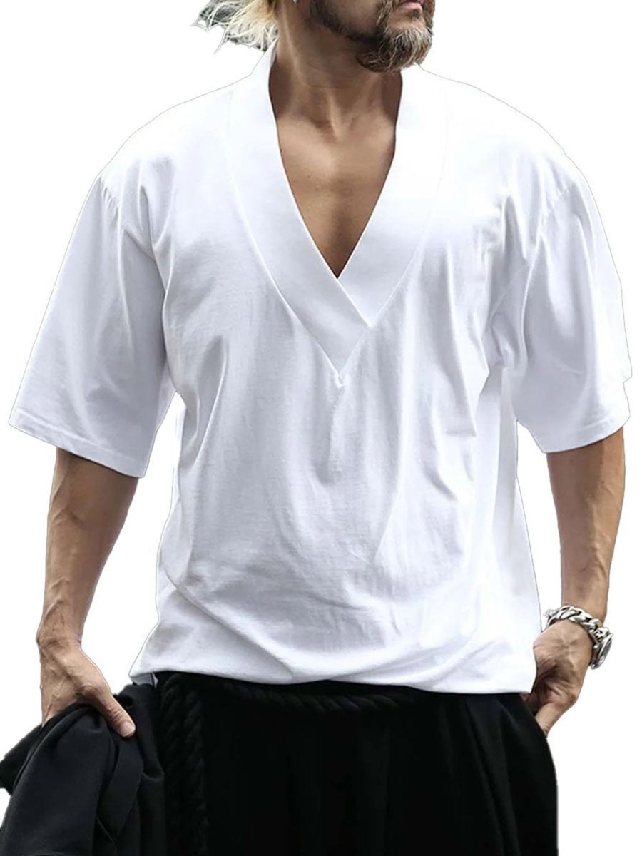 Men DJ Casual Shirts | Solid Color V-Neck Casual Short-Sleeved T-Shirt White