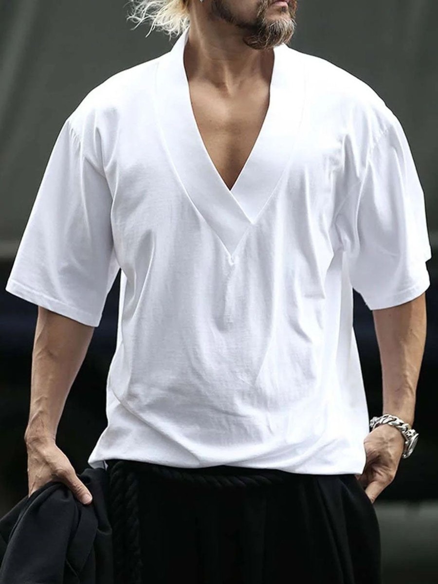 Men DJ Casual Shirts | Solid Color V-Neck Casual Short-Sleeved T-Shirt White