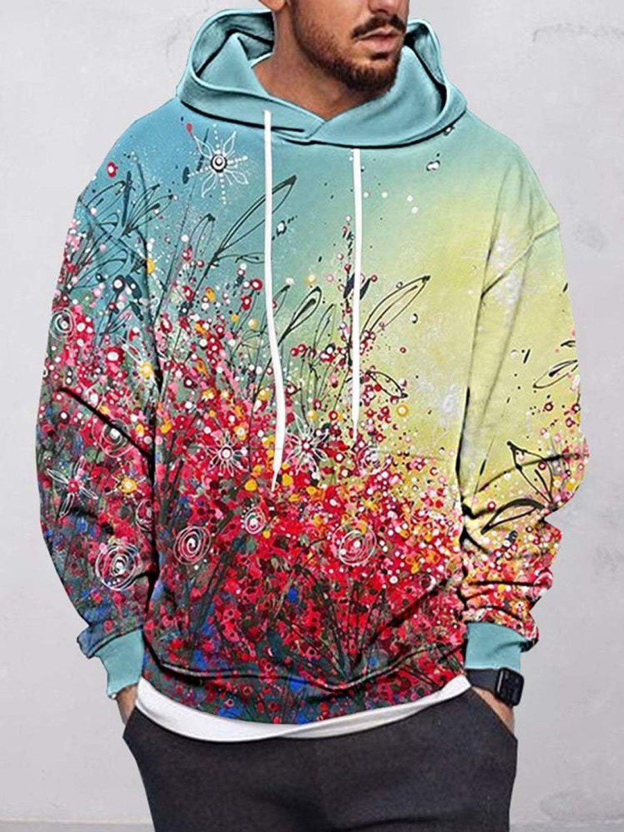 Men DJ T-Shirts | Men'S Art Flower Hooded Sweatshirt Photo Color