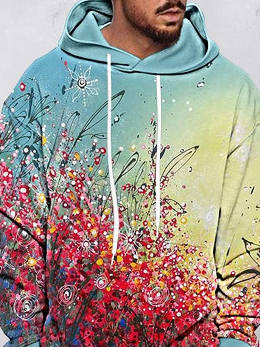 Men DJ T-Shirts | Men'S Art Flower Hooded Sweatshirt Photo Color