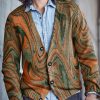 Men DJ Print Cardigan | Retro Art Inkjet Print V-Neck Knitted Cardigan Photo Color