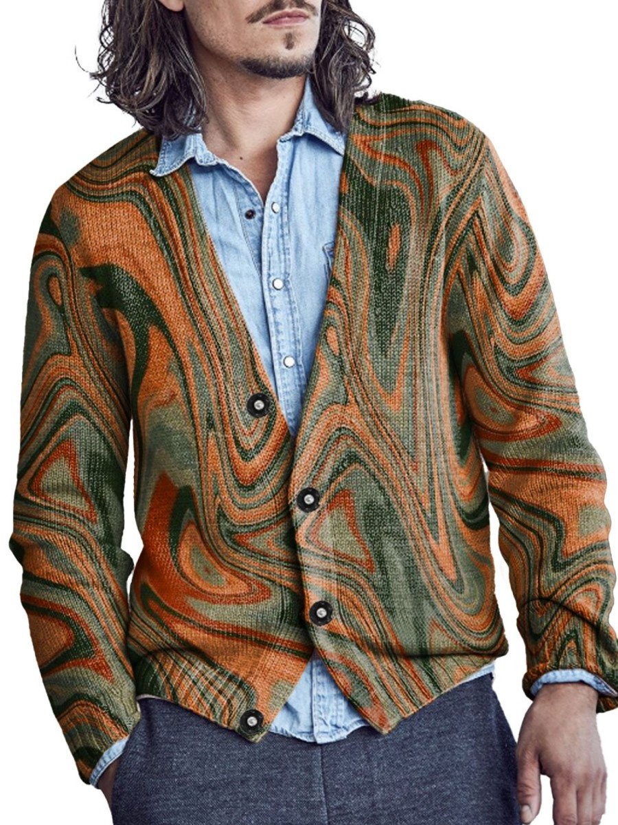 Men DJ Print Cardigan | Retro Art Inkjet Print V-Neck Knitted Cardigan Photo Color