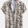 Men DJ Shirts | Smiley Print Button Up Shirt Khaki