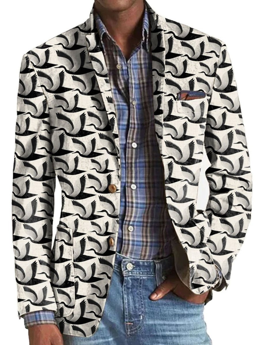 Men BXL Print Jacket | Men'S Bird Print Casual Pocket Blazer Photo Color