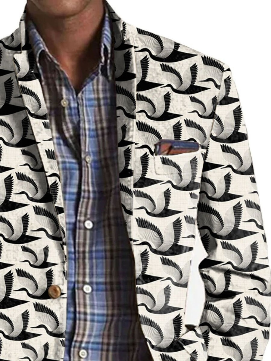 Men BXL Print Jacket | Men'S Bird Print Casual Pocket Blazer Photo Color