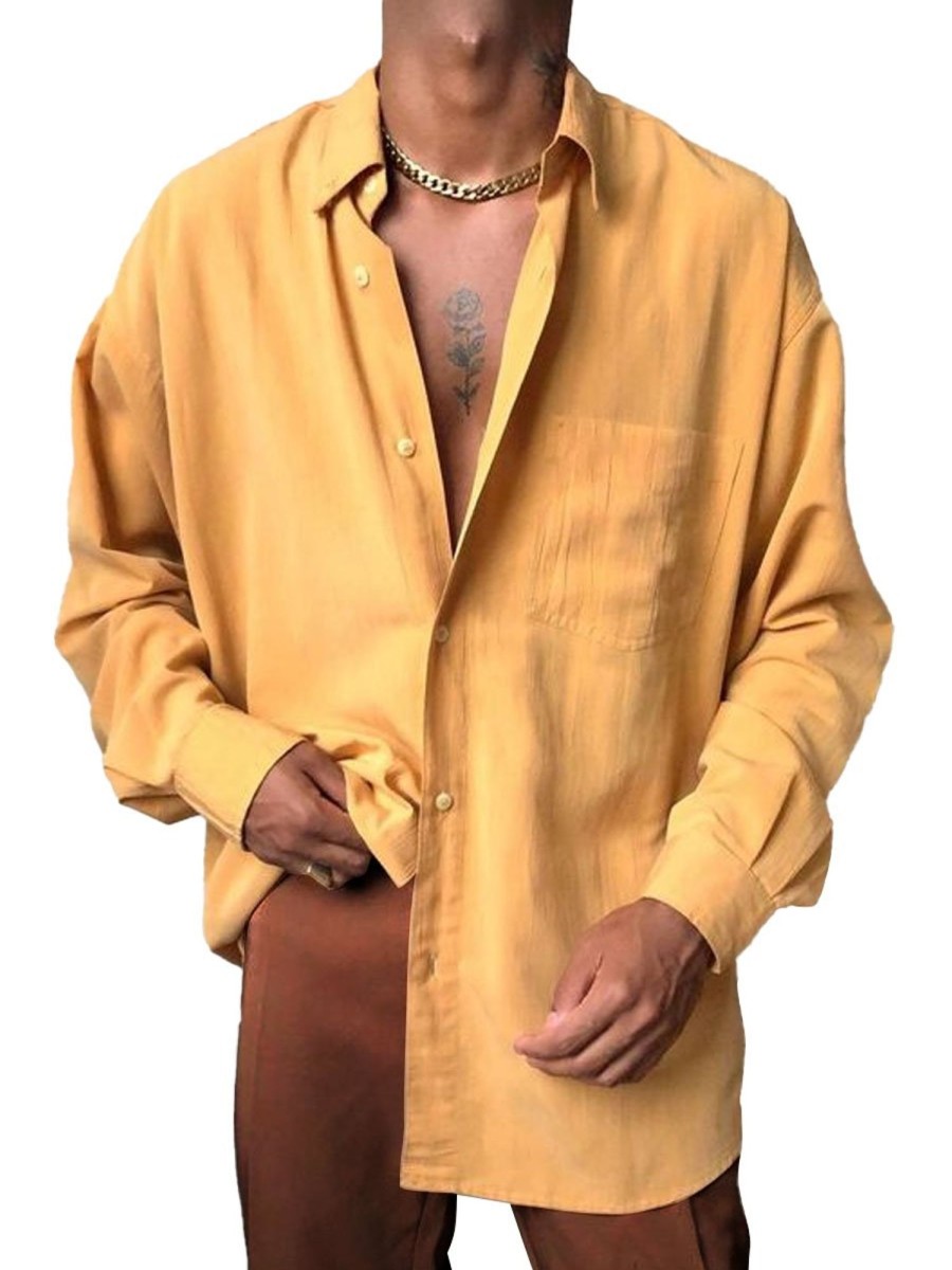 Men DJ Casual Shirts | Single Pocket Lapel Casual Long Sleeve Shirt Yellow