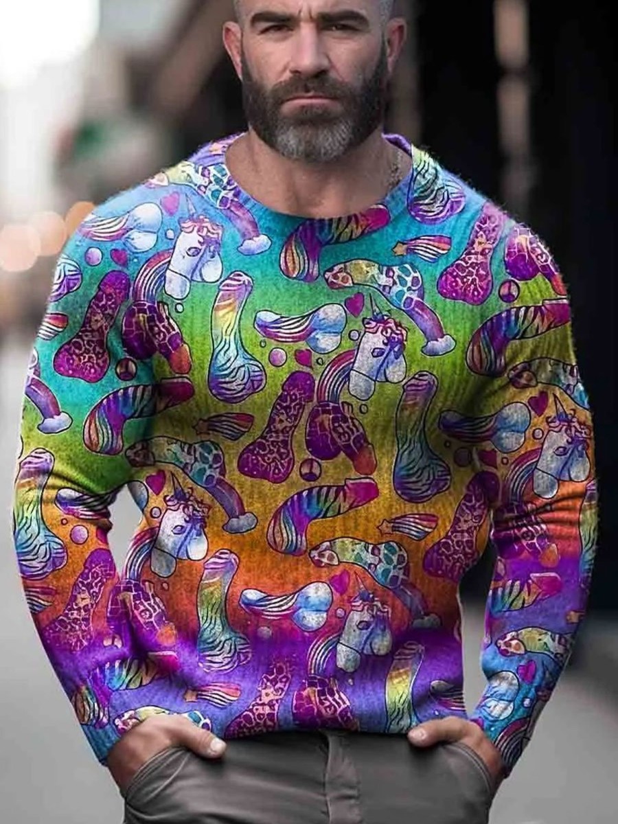 Men BXL Print Sweater | Rainbow Dick Lgbt Print Knit Pullover Sweater Photo Color