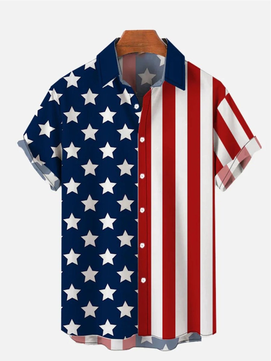 Men DJ Shirts | Navy American Flag Printing Short Sleeve Shirt Photo Color