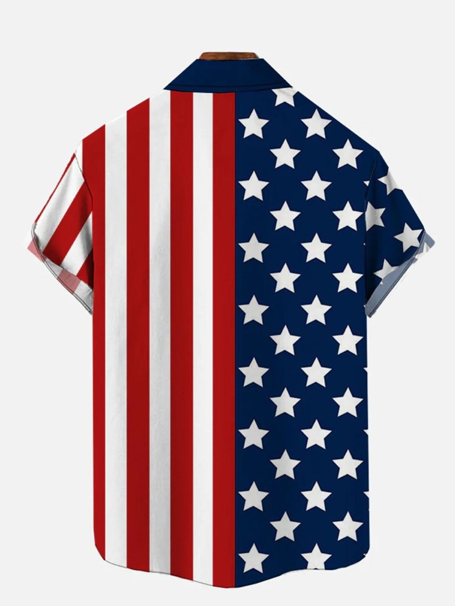 Men DJ Shirts | Navy American Flag Printing Short Sleeve Shirt Photo Color