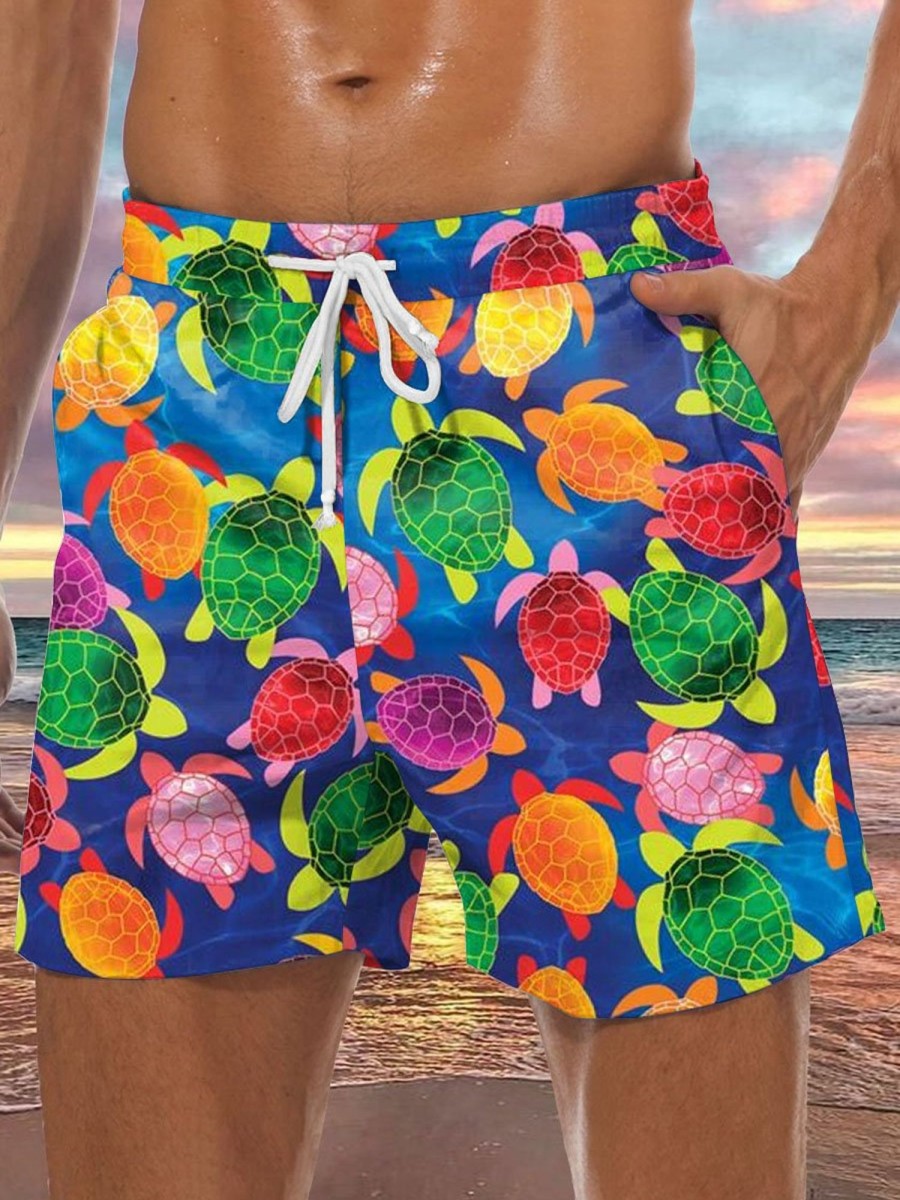 Men DJ Bottoms | Men'S Iridescent Turtle Print Double Pocket Lace Up Beach Shorts Blue