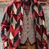 Men DJ Print Jacket | Vintage Geometric Print Pocket Lapel Corduroy Casual Jacket Red