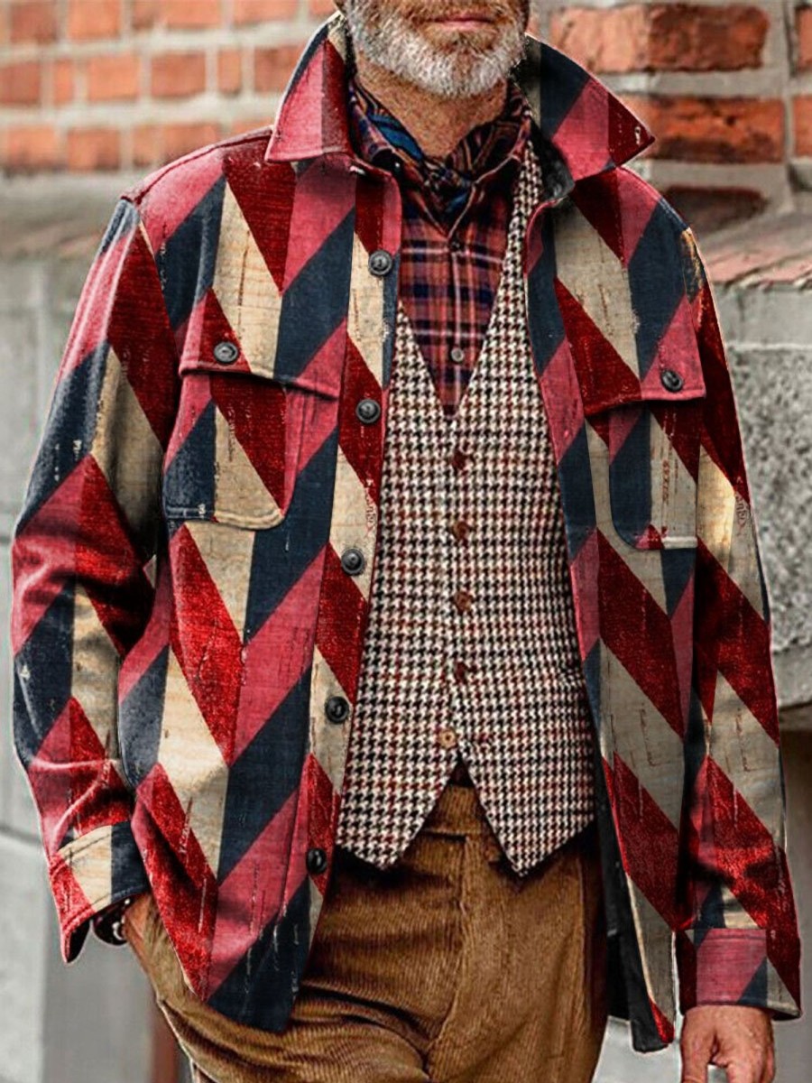 Men DJ Print Jacket | Vintage Geometric Print Pocket Lapel Corduroy Casual Jacket Red