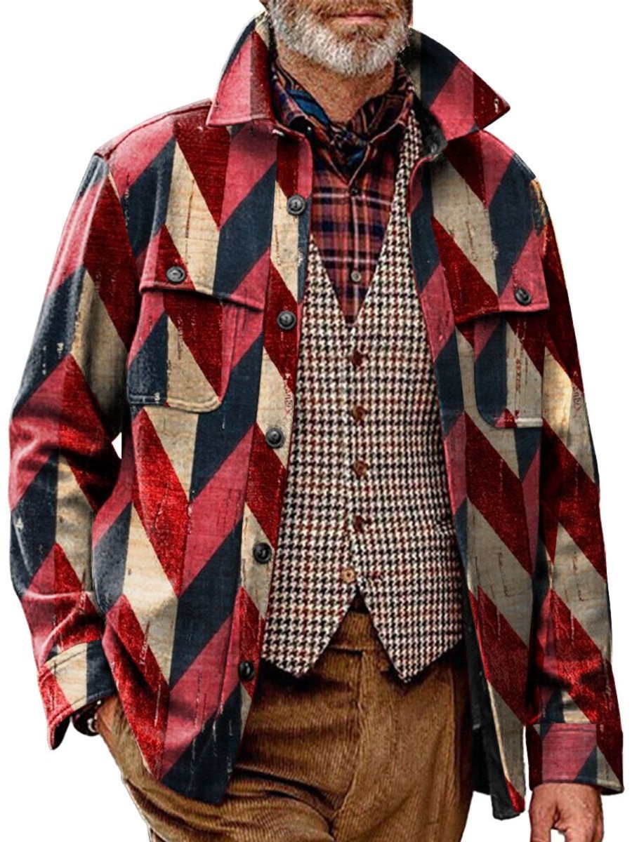 Men DJ Print Jacket | Vintage Geometric Print Pocket Lapel Corduroy Casual Jacket Red