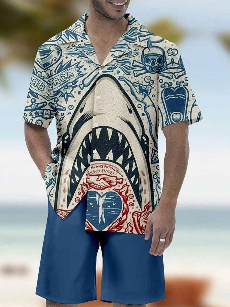 Men DJ Set | Beach Hawaiian Mermaid And Skull Doodle Shark Printing Hawaiian Cuban Collar Short Sleeve Shirt Set Photo Color