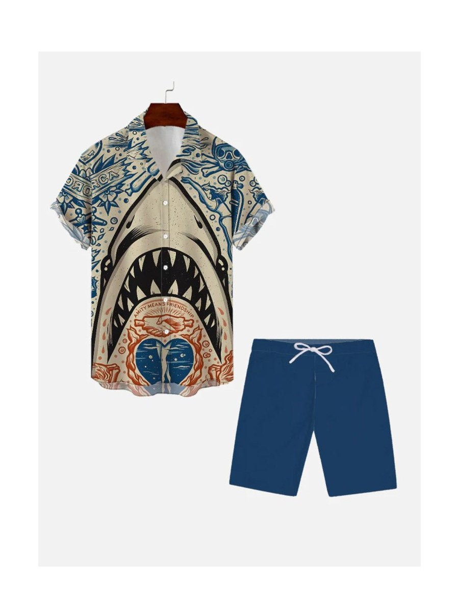 Men DJ Set | Beach Hawaiian Mermaid And Skull Doodle Shark Printing Hawaiian Cuban Collar Short Sleeve Shirt Set Photo Color