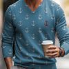 Men DJ Print Sweater | Fun Anchor Print V-Neck Knitted Pullover Sweater Blue