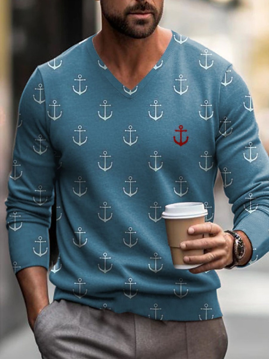 Men DJ Print Sweater | Fun Anchor Print V-Neck Knitted Pullover Sweater Blue