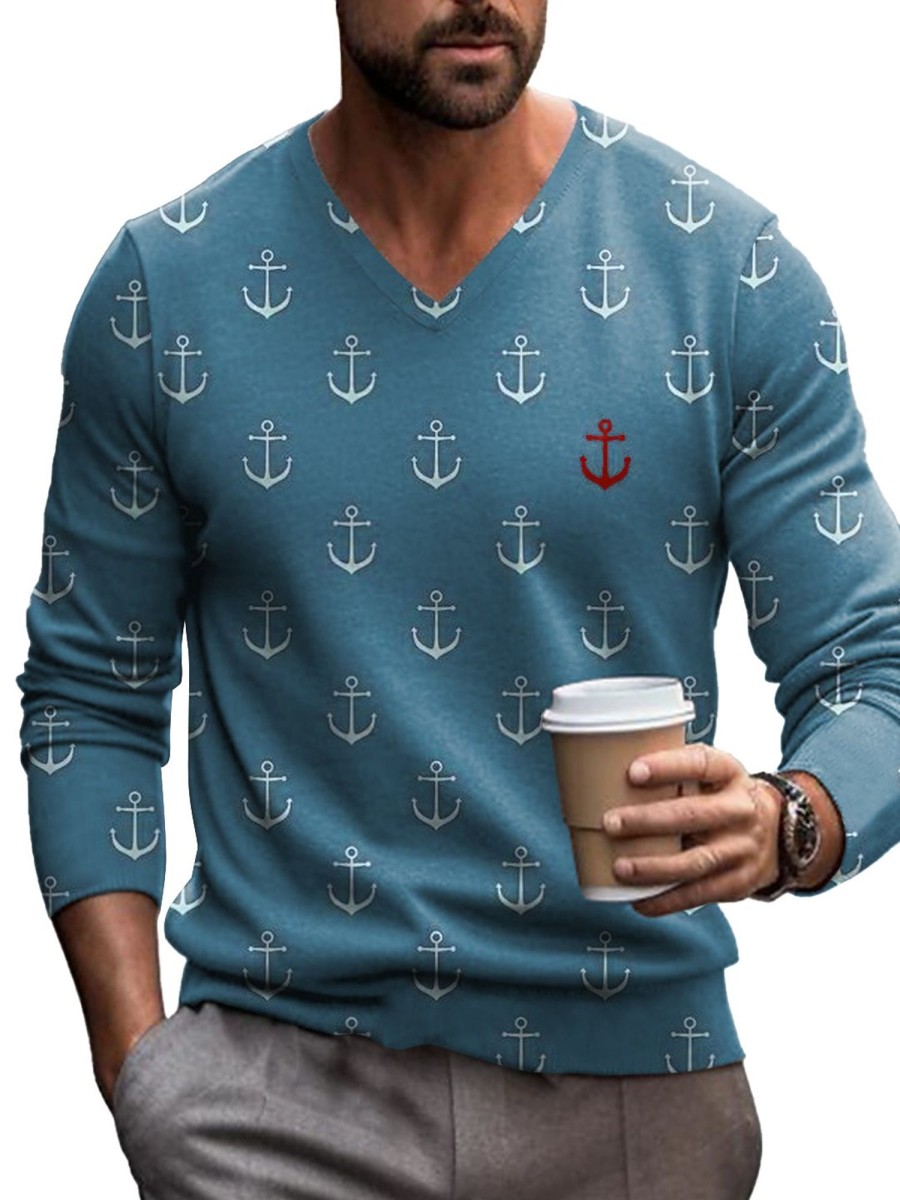 Men DJ Print Sweater | Fun Anchor Print V-Neck Knitted Pullover Sweater Blue