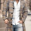 Men BXL Print Jacket | Men'S Casual Button Pocket Check Print Wool Stand Collar Coat Khaki