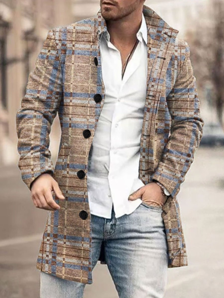 Men BXL Print Jacket | Men'S Casual Button Pocket Check Print Wool Stand Collar Coat Khaki