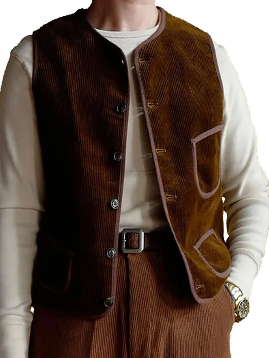 Men DJ Vest | American Retro Solid Color Corduroy 3-Pocket Casual Vest Brown