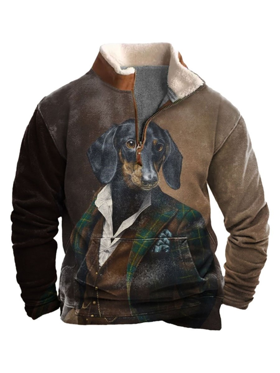 Men BXL T-Shirts | Men'S Casual Cold Protection Art Print Fur Collar Zipper Sweatshirt Brown