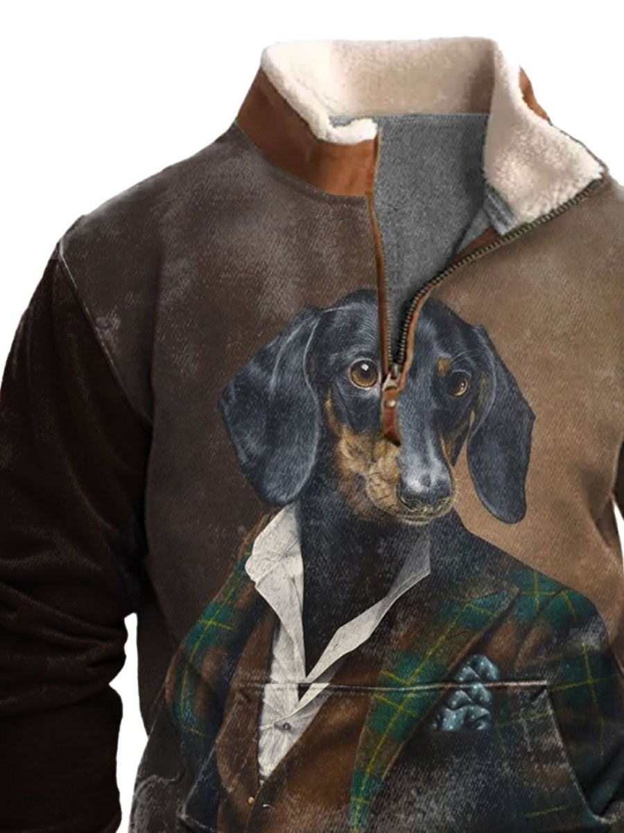 Men BXL T-Shirts | Men'S Casual Cold Protection Art Print Fur Collar Zipper Sweatshirt Brown