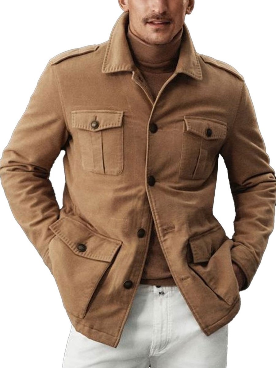 Men BXL Jacket | Retro Solid Color Multi-Pocket Woolen Single-Breasted Casual Jacket Coat Khaki