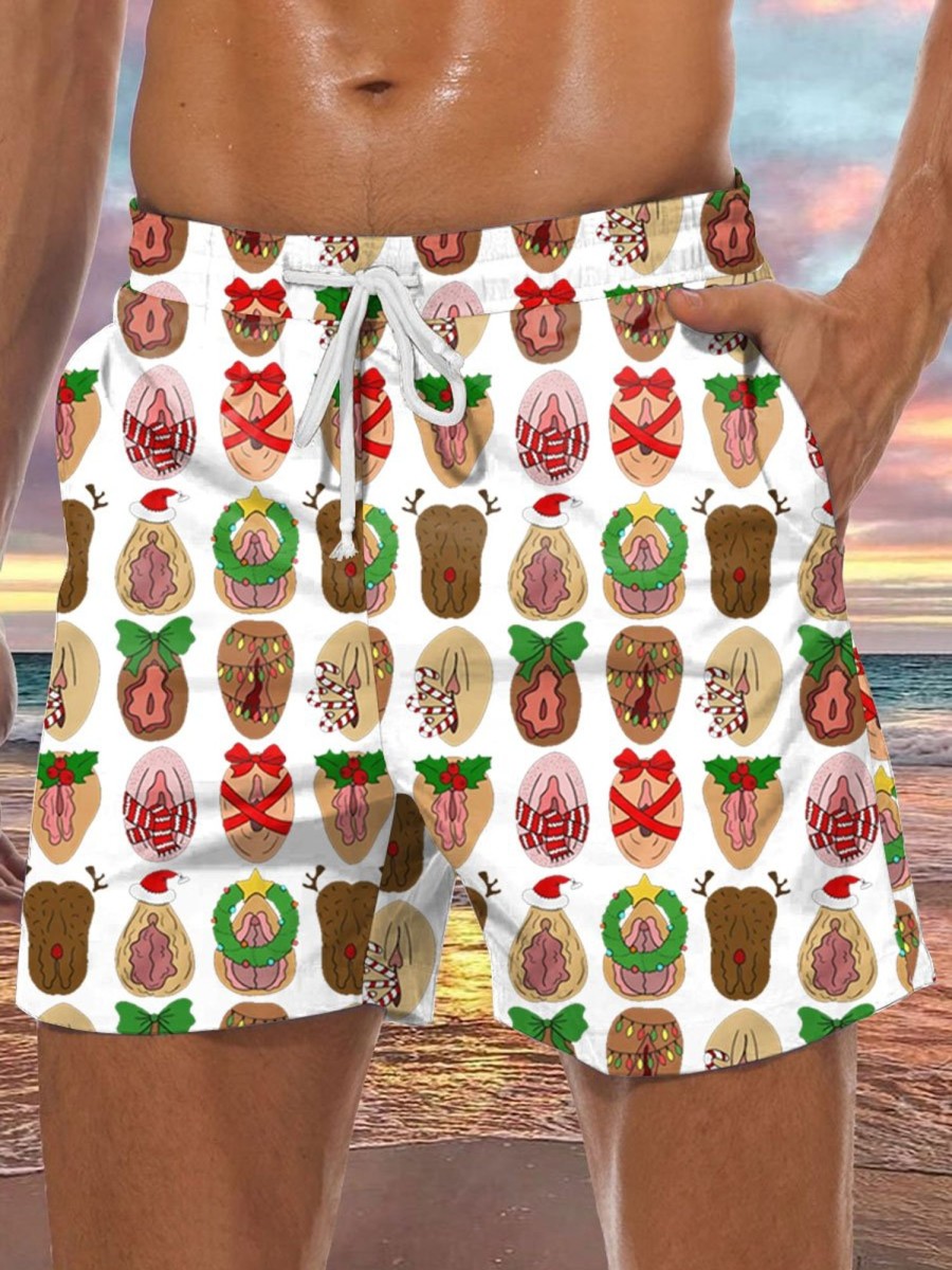 Men BXL Bottoms | Fun Christmas Cocks Printed Pocket Casual Elastic Waist Shorts