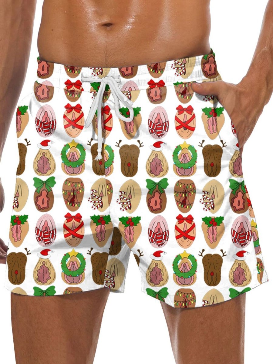 Men BXL Bottoms | Fun Christmas Cocks Printed Pocket Casual Elastic Waist Shorts