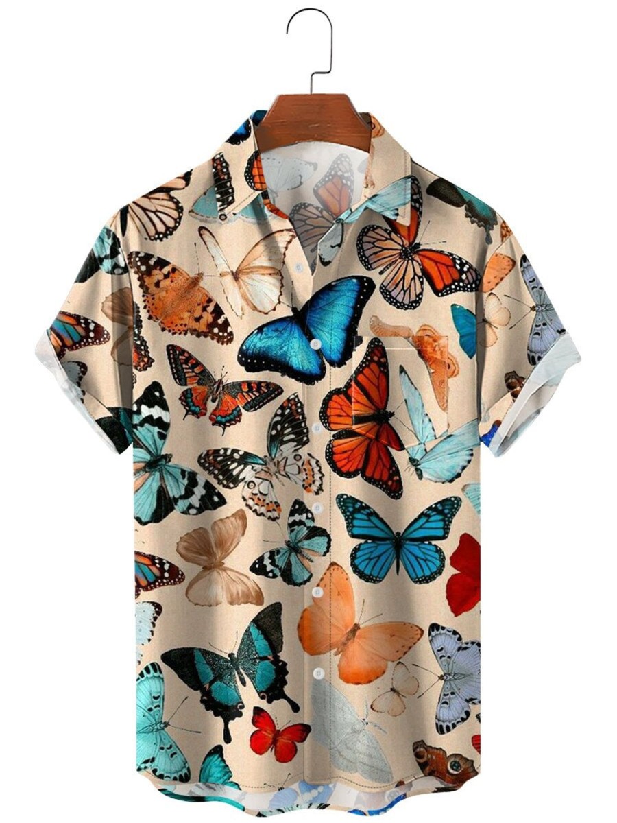 Men HLJ Shirts | Vintage Butterfly Breast Pocket Hawaiian Short Sleeve Shirt Khaki