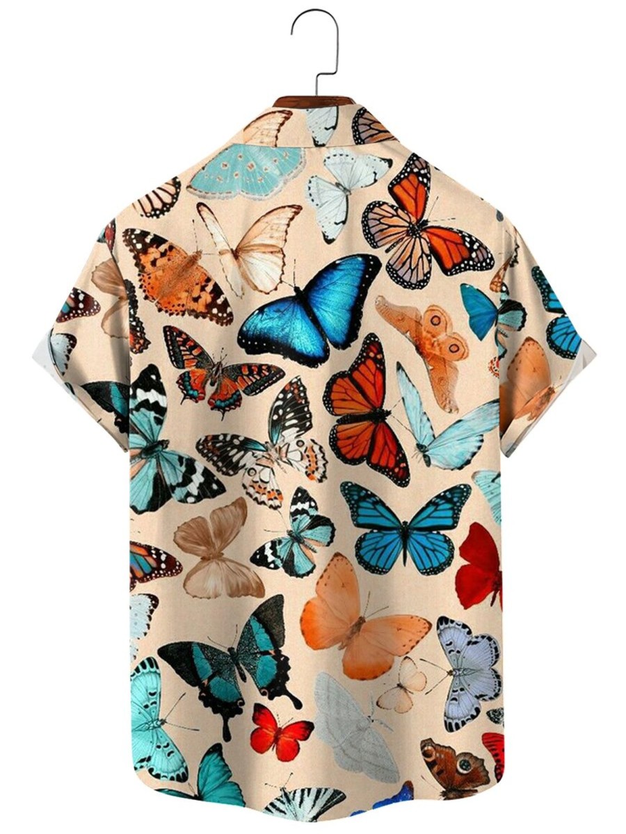 Men HLJ Shirts | Vintage Butterfly Breast Pocket Hawaiian Short Sleeve Shirt Khaki