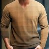 Men DJ Print Sweater | Gradient Plaid Print V-Neck Casual Knitted Pullover Sweater Orange