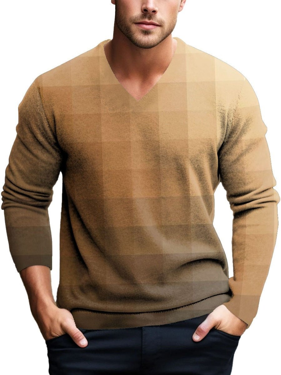 Men DJ Print Sweater | Gradient Plaid Print V-Neck Casual Knitted Pullover Sweater Orange