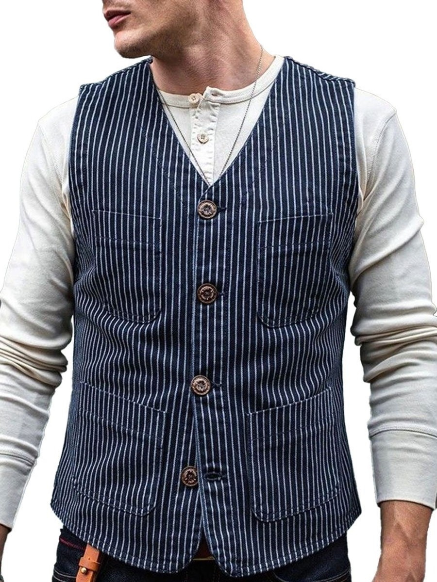 Men BXL Vest | Men'S Vintage Multi-Pocket Striped Cotton Casual Vest Navy Blue