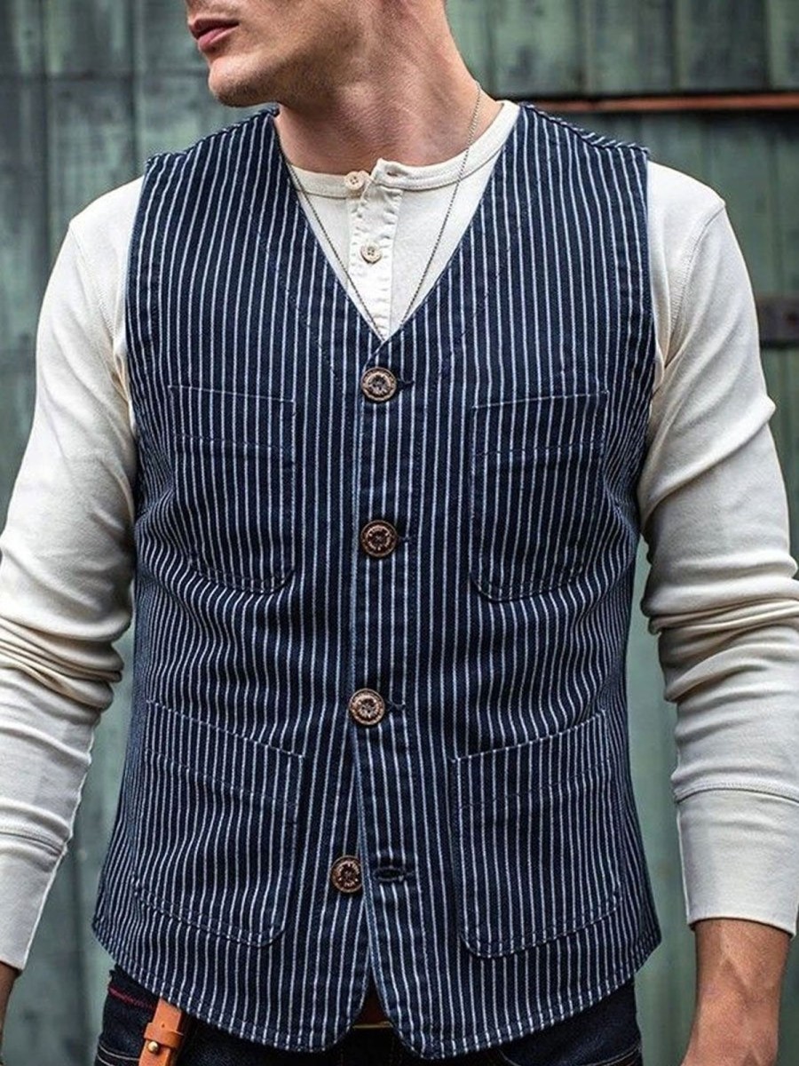 Men BXL Vest | Men'S Vintage Multi-Pocket Striped Cotton Casual Vest Navy Blue