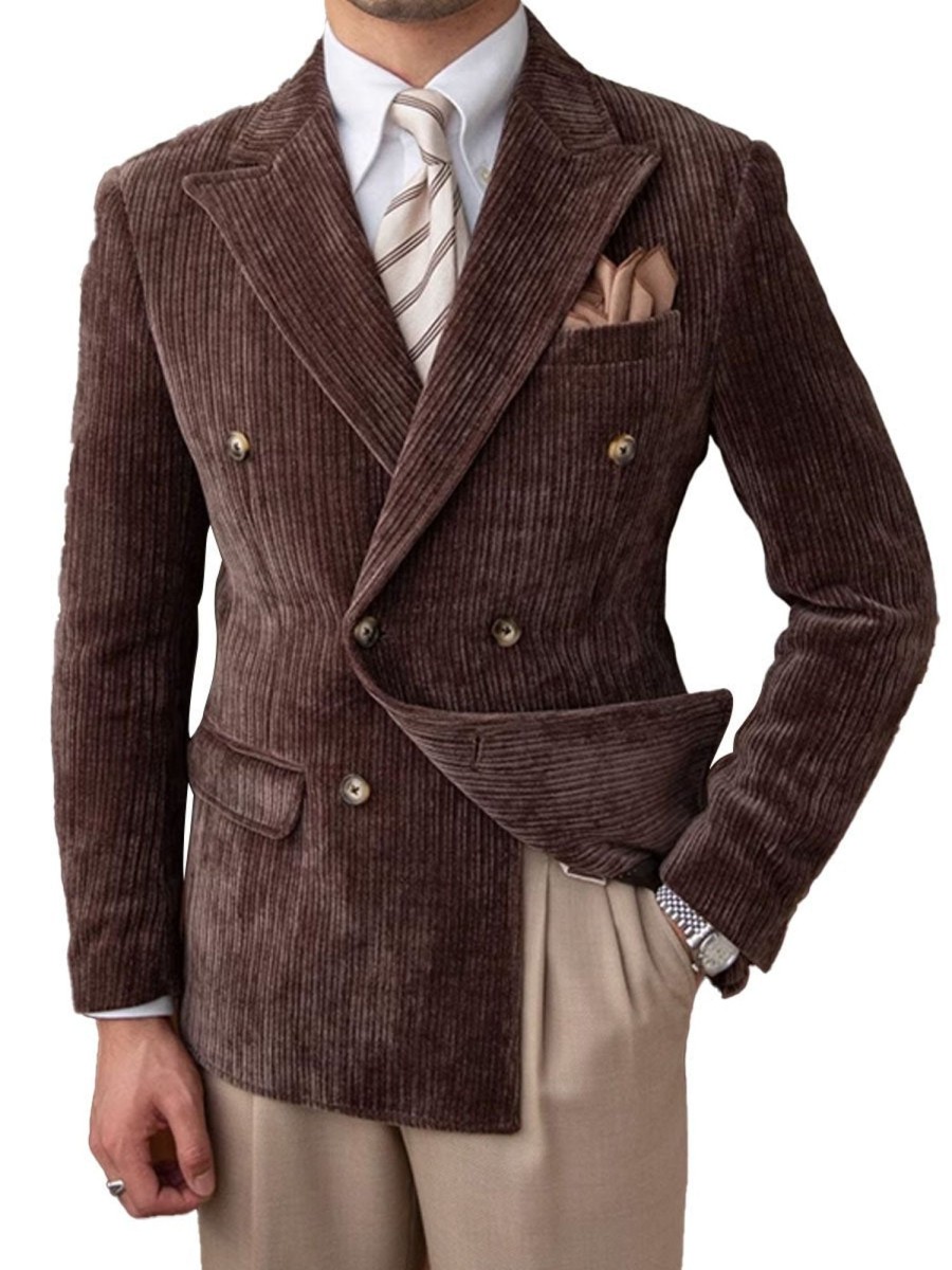 Men DJ Jacket | Lapel 3-Pocket Double-Breasted Corduroy Blazer Brown