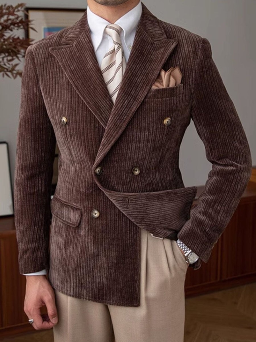 Men DJ Jacket | Lapel 3-Pocket Double-Breasted Corduroy Blazer Brown